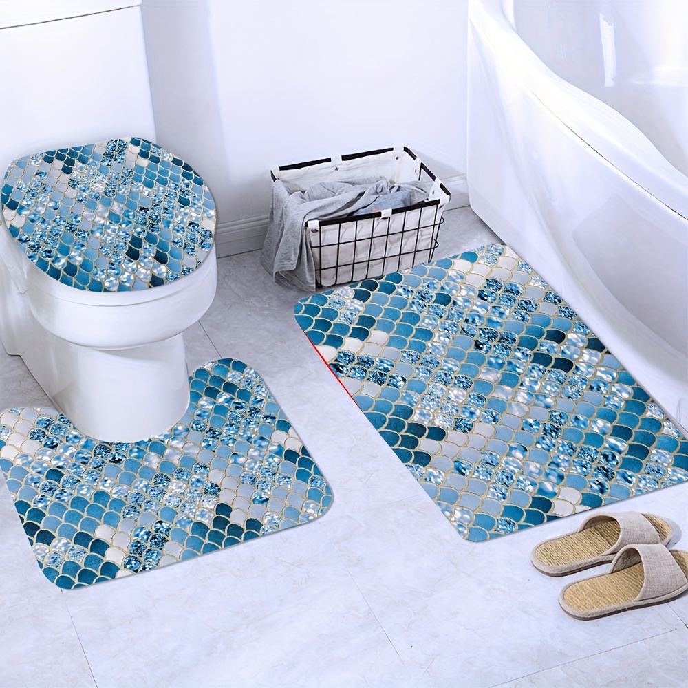 Blue Fish Scales Pattern Shower Curtain Set Waterproof Bath - Temu