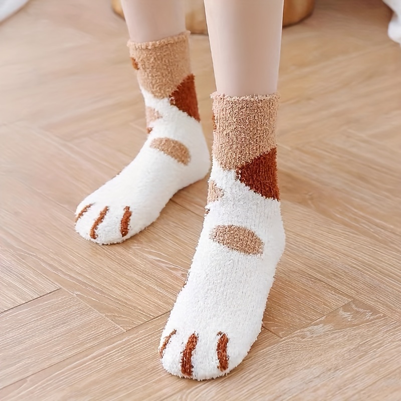 1 Pair Cute Cat Paw Thicken Thermal Soft Comfortable Warm Socks, Plush  Lined Fall Winter Warm Furry Fuzzy Snow Socks
