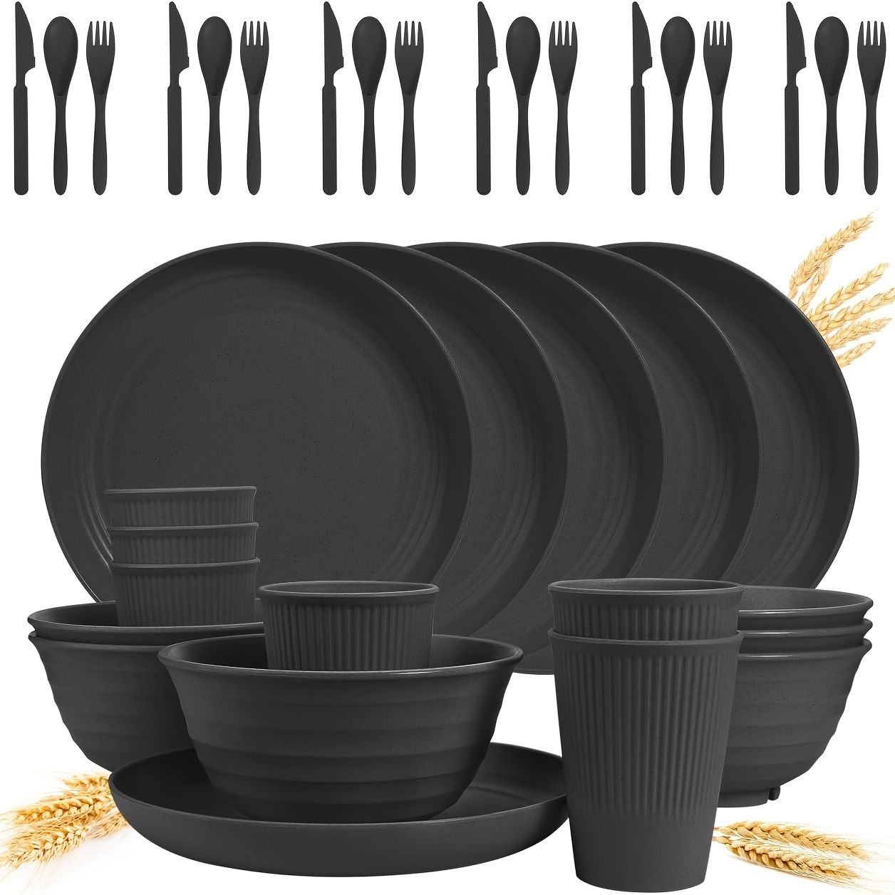 

36pcs Pp Cutlery Set - Unbreakable Cutlery Set, Reusable Plastic Plates And Bowls Set, Travel Camping Cutlery Set, Dishwasher Microwave Safe Cutlery Set - Black