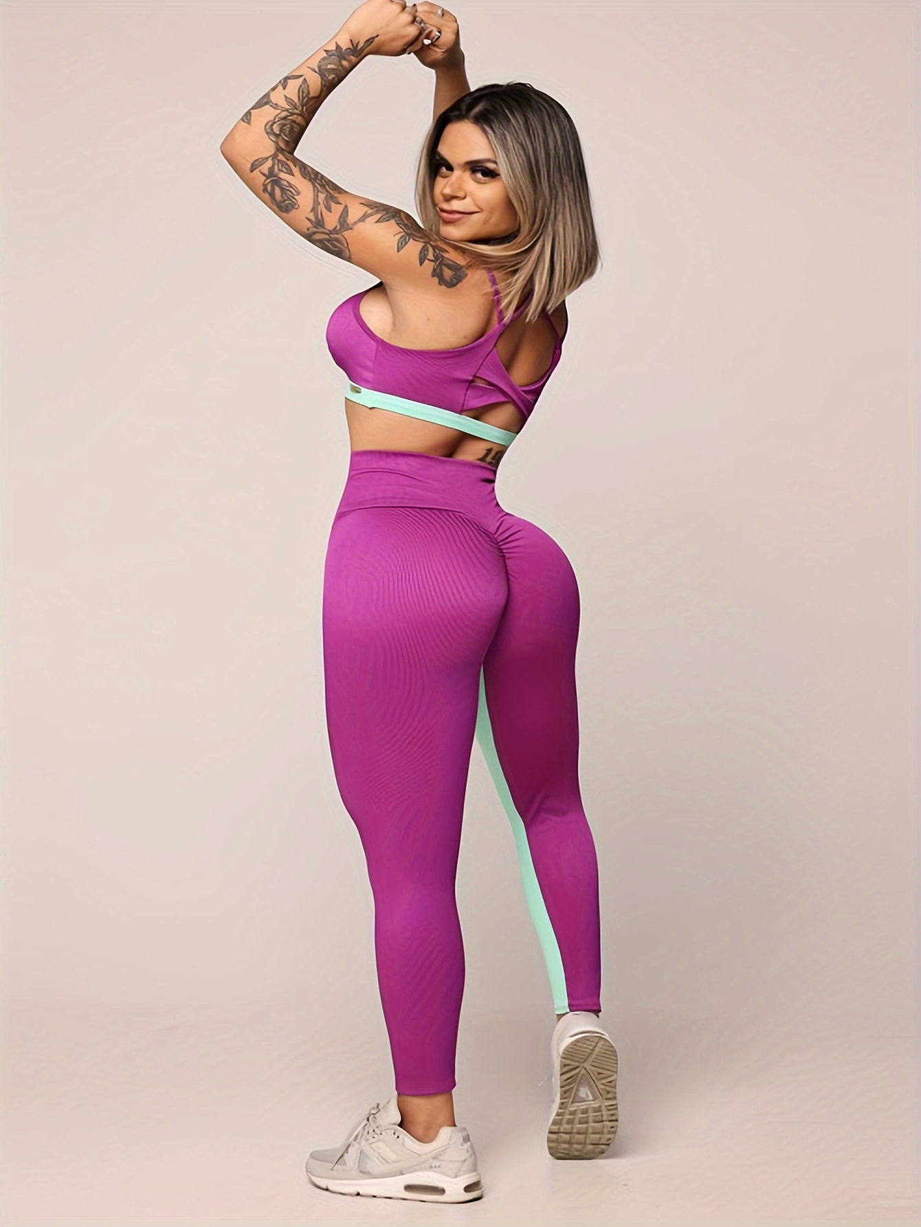 Plus Size Sports Leggings, Women's Plus Color Block High Waist Ruched Butt  Medium Stretch Fitness Leggings