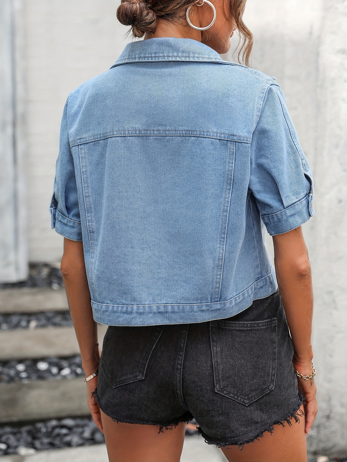 Solid Color Short Sleeves Denim Coats Flap Pockets Single - Temu Canada
