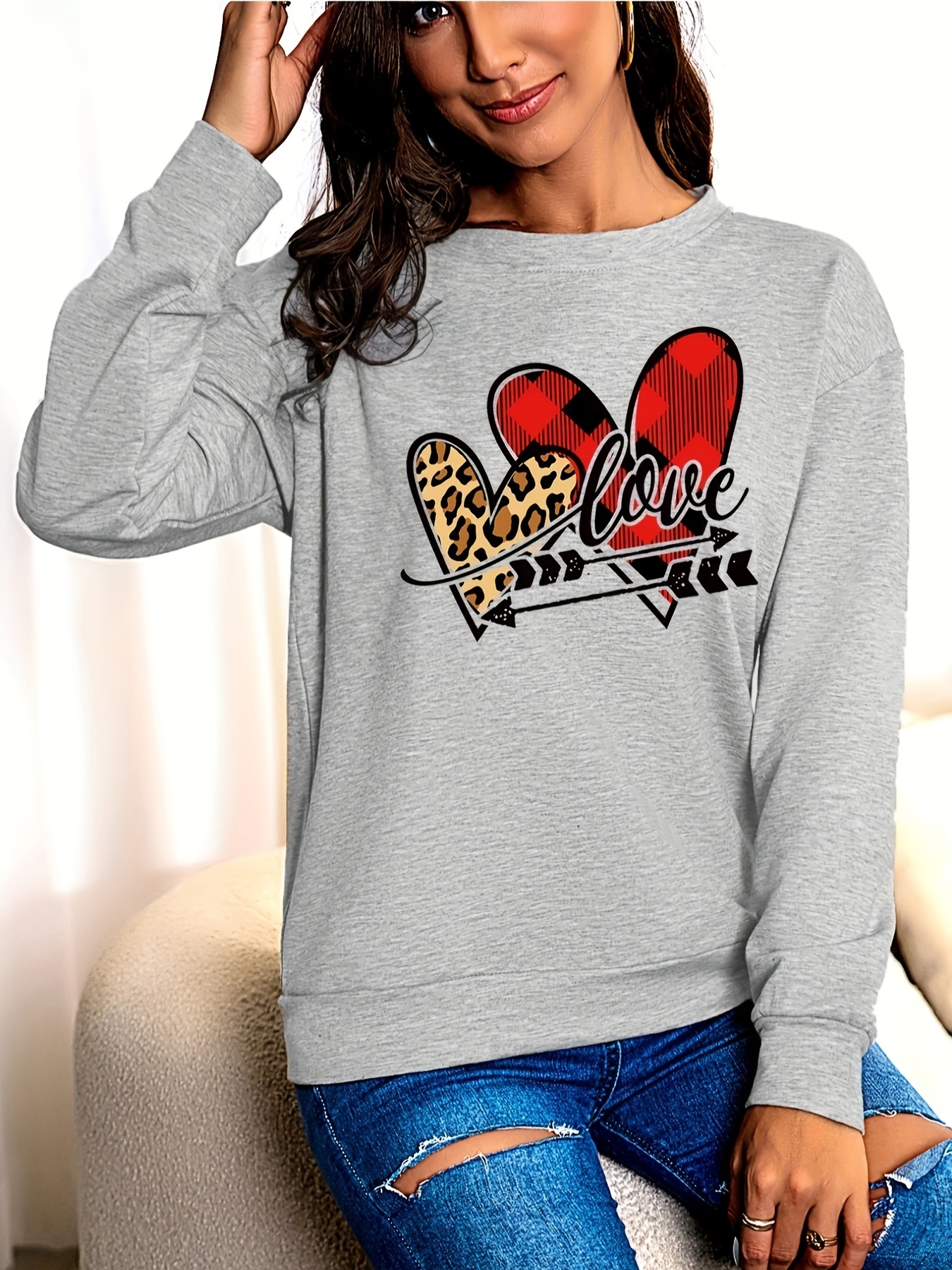 Broken Heart Print Sweatshirt Casual Long Sleeve Crew Neck Sweatshirt  Womens Clothing - Women's Clothing - Temu