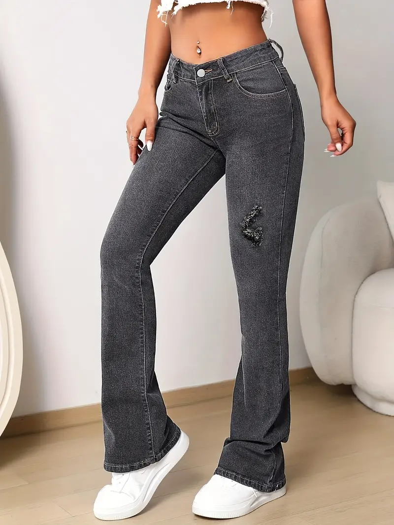 Grey Flared Legs Denim Jeans Bell Bottom High stretch Slash - Temu