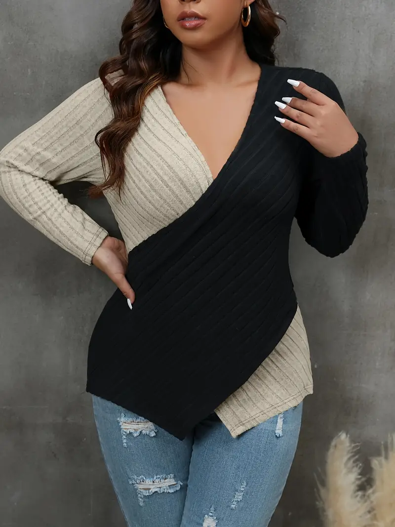 plus size casual sweater womens plus colorblock cross v neck long sleeve medium stretch jumper details 39