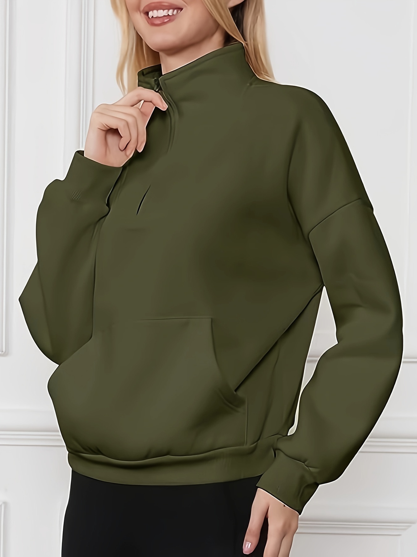 Solid Stand Collar Zipper Sweatshirt Casual Kangaroo Pocket Temu