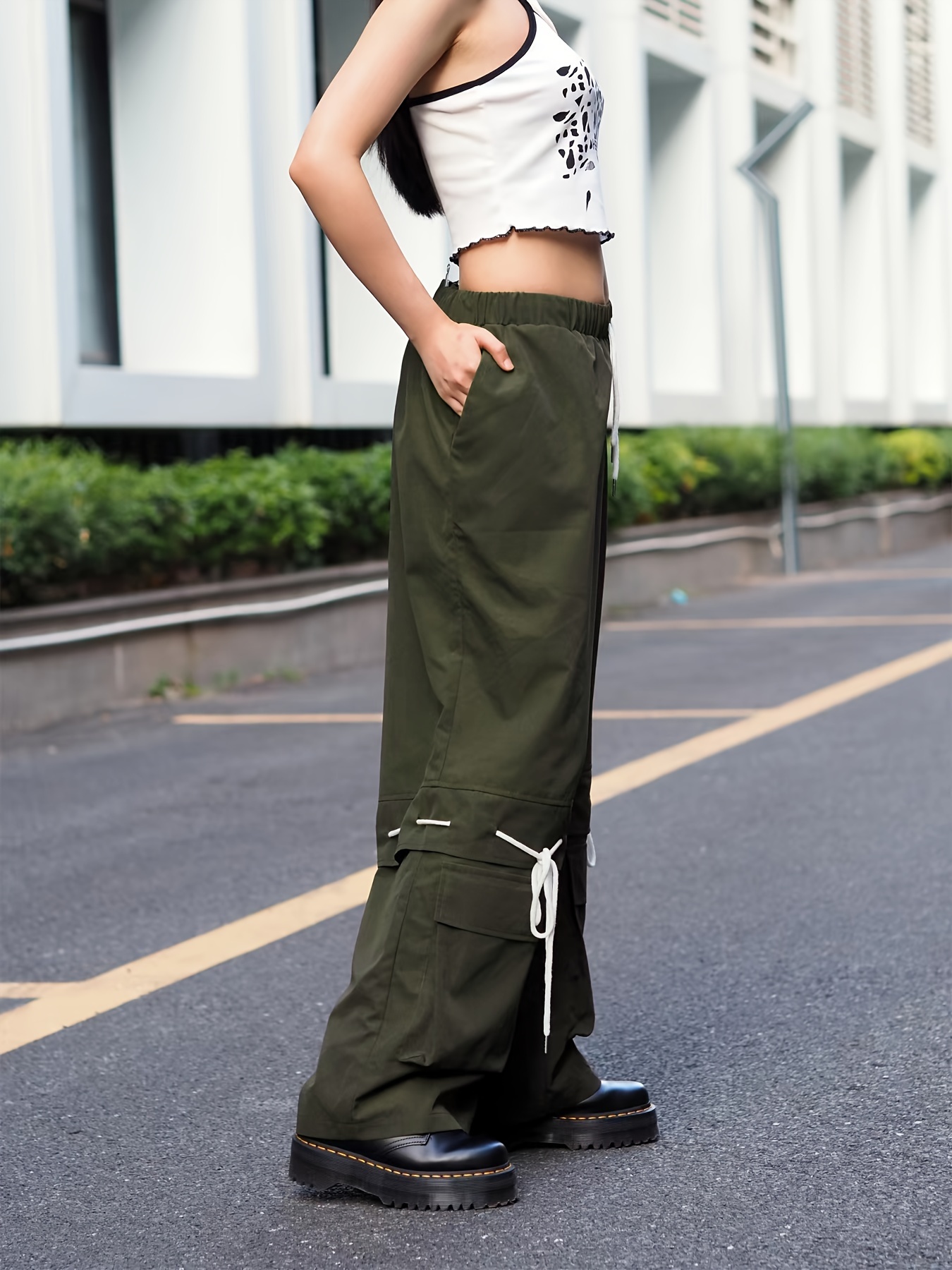 Solid Flap Pockets Wide Leg Cargo Pants Casual Drawstring - Temu