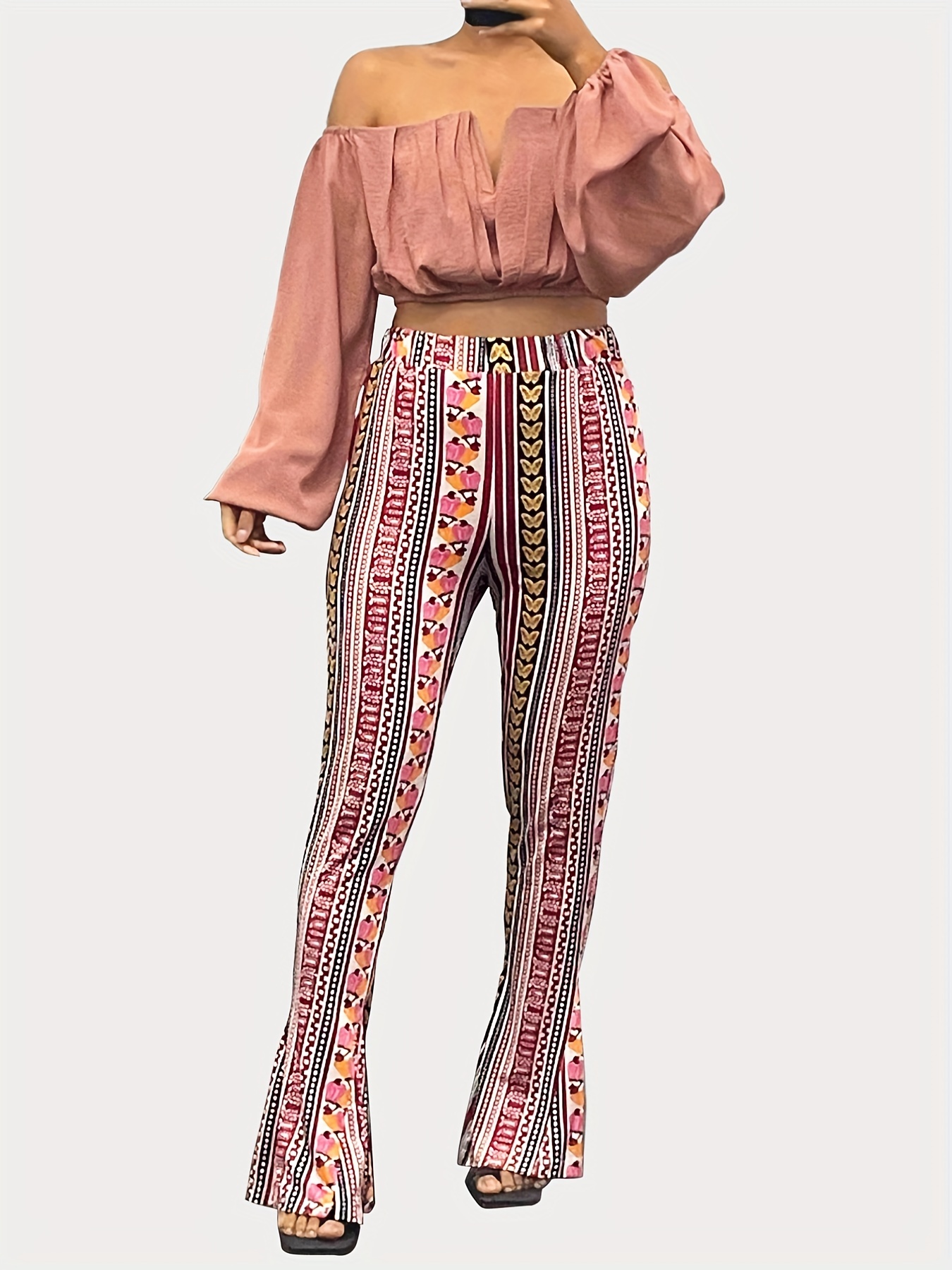 Casual Two-piece Pants Set, Crop Halter Top & Floral Print Wide Leg Pants  Outfits, Women's Clothing