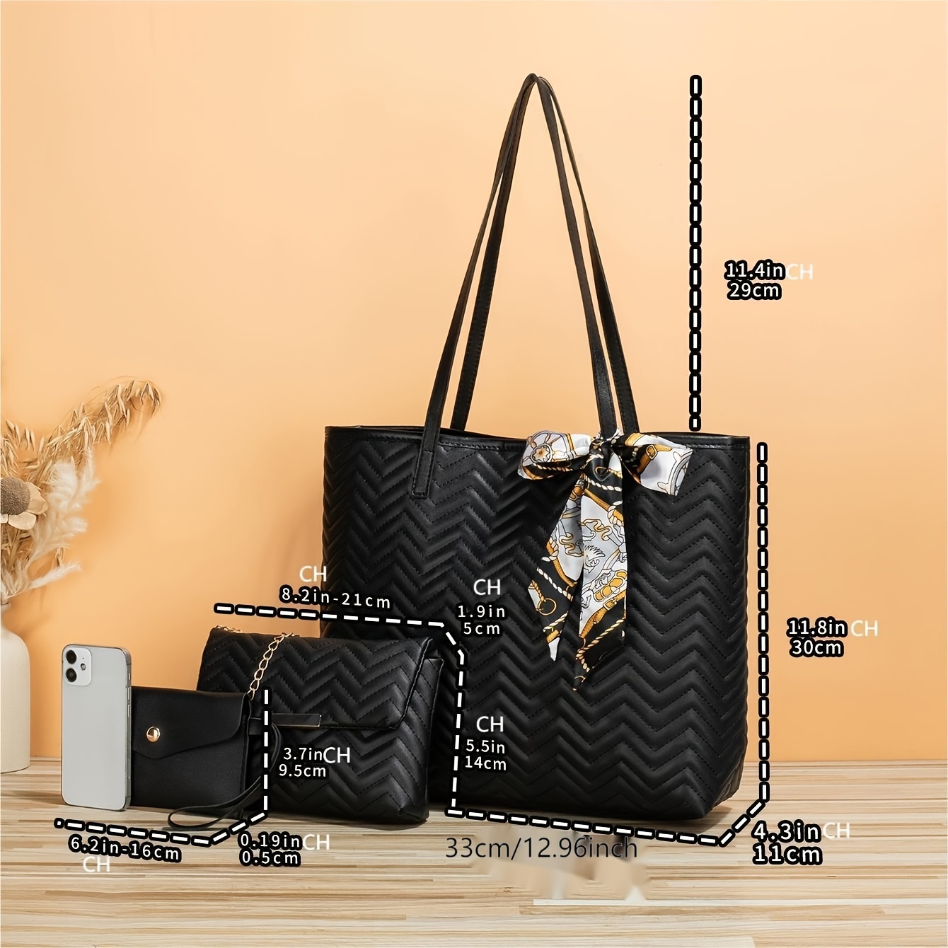 Quilted Detail Bag Sets, Solid Color Tote Bag With Shoulder Chain Bag &  Purse & Crossbody Bag, Classic Bags With Scarf Decor - Temu