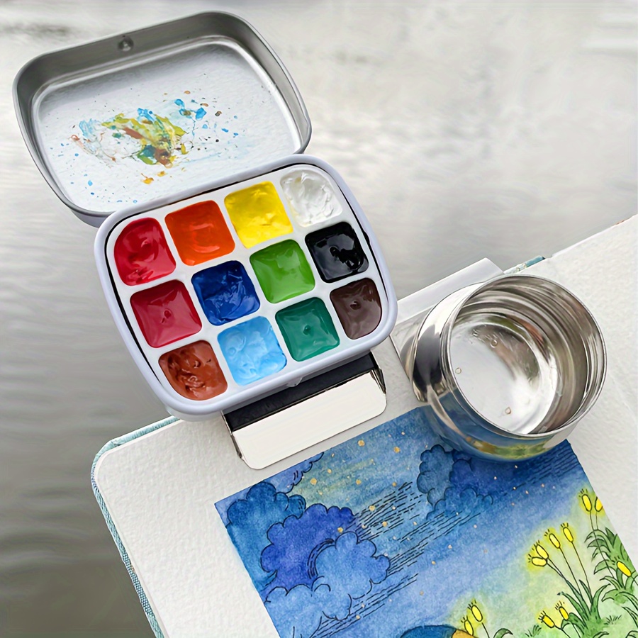 watercolor tray palette watercolor 48 Colors Pigment Pans Metal Tin Box  Storage