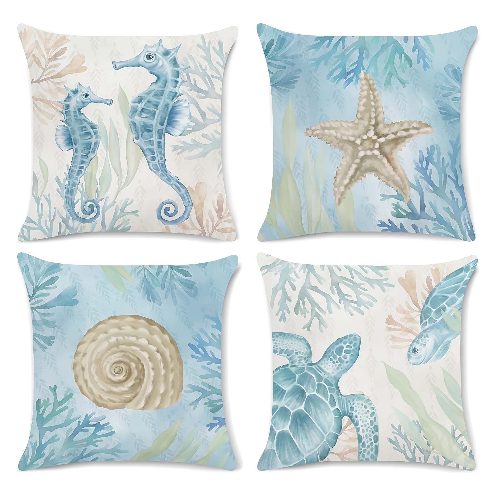 

4pcs Ocean Beach Throw Pillow Covers 18 X 18 Inch Seahorse Turtle Starfish Coastal Outdoor Decorative Pillows Soft Velvet Cushion Cases For Couch Sofa Bed Home Decor