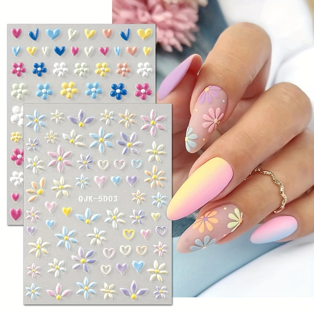 Purple Flower Nail Art Stickers 3D Flower Nail Stickers Nail Art Supplies  6PCS Daisy Floral Sunflower Cherry Blossom Nail Decals Spring Nail Designs