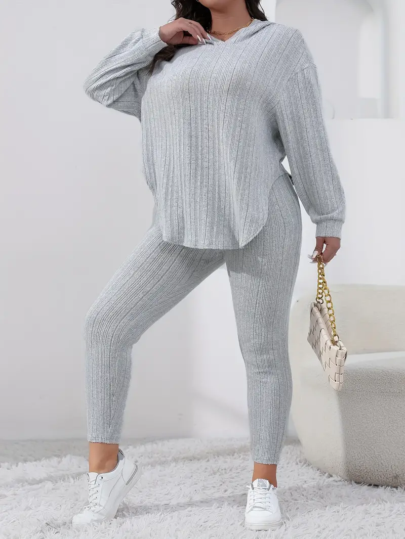 plus size casual outfit set womens plus solid long sleeve curve hem ribbed knit hoodie leggings outfits two piece set details 4