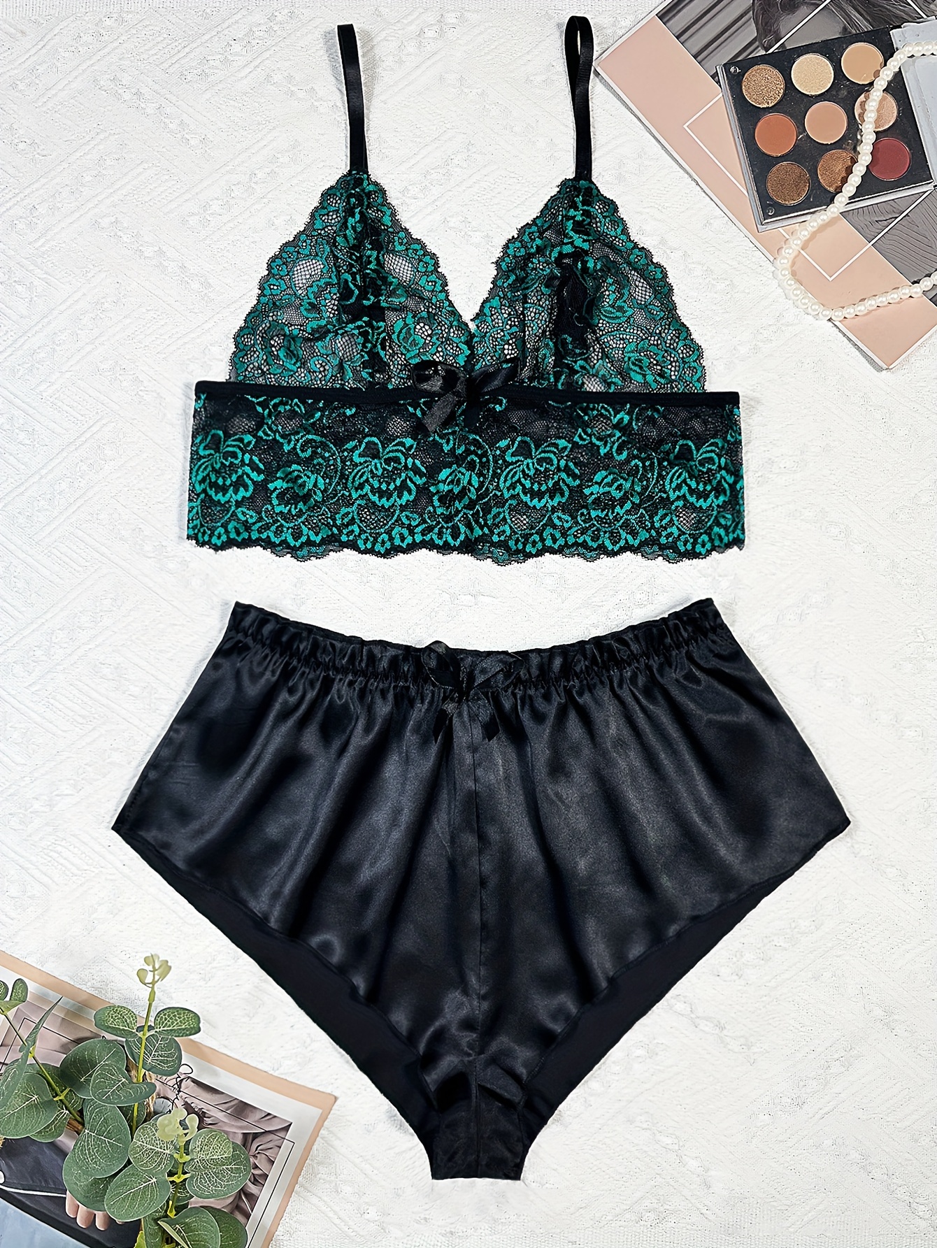 Floral Lace Satin Lingerie Set Hollow Out Cami Top Shorts - Temu Italy