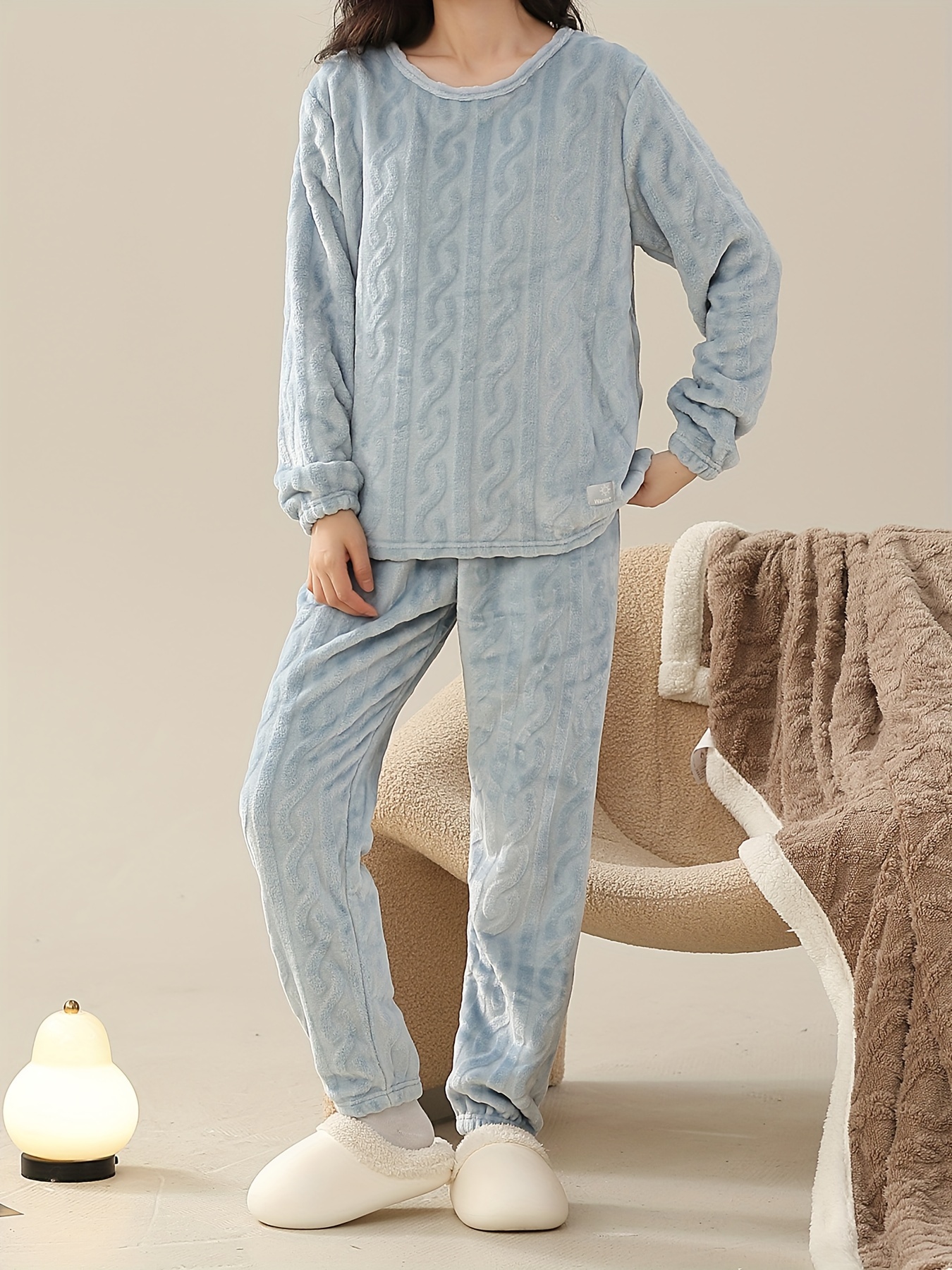 Solid Fuzzy Pajama Set, Long Sleeve Hooded Top & Elastic Waistband Pants,  Women's Sleepwear & Loungewear