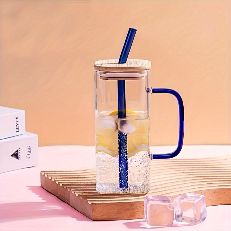 Square Cute Glass Cup With Bamboo Lid And Straw, Drinking Glasses