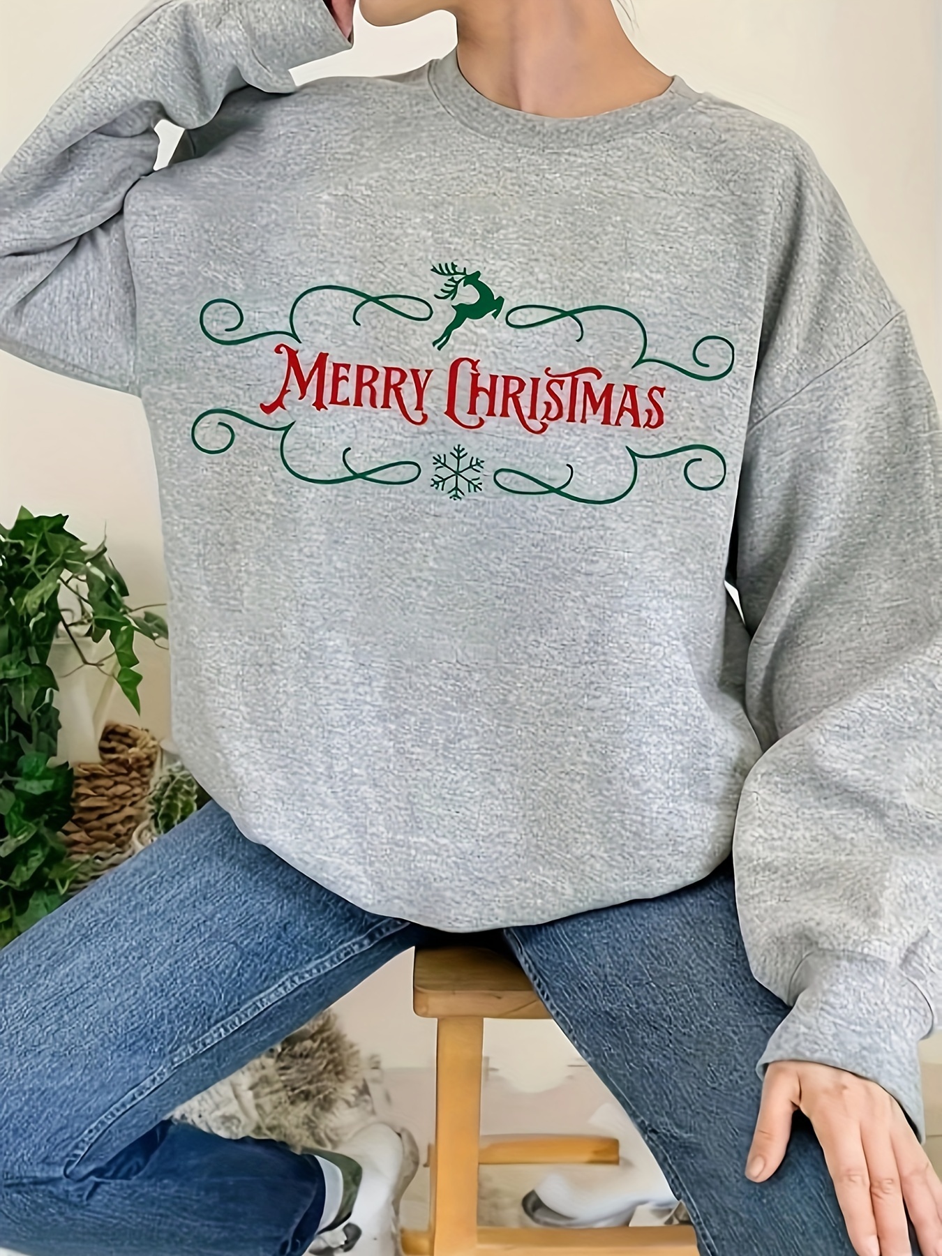 Merry Christmas Print Sweatshirt Casual Crew Neck Long - Temu Canada