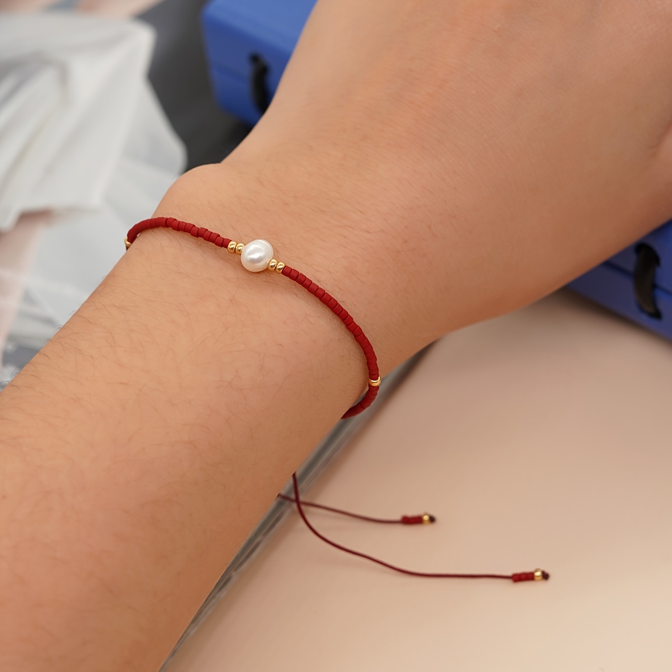

1pc Red Rope Bracelet With Mini Red Seed Beads Simple Hand Jewelry Accessory