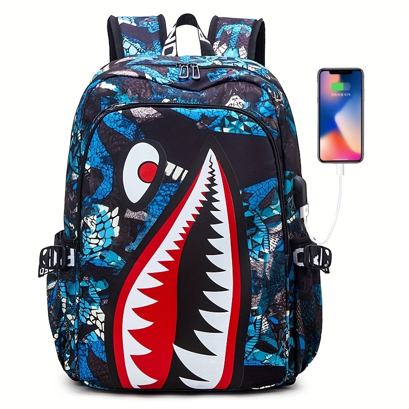 Shark Pattern Backpack Trendy Nylon Student School Bag Lightweight