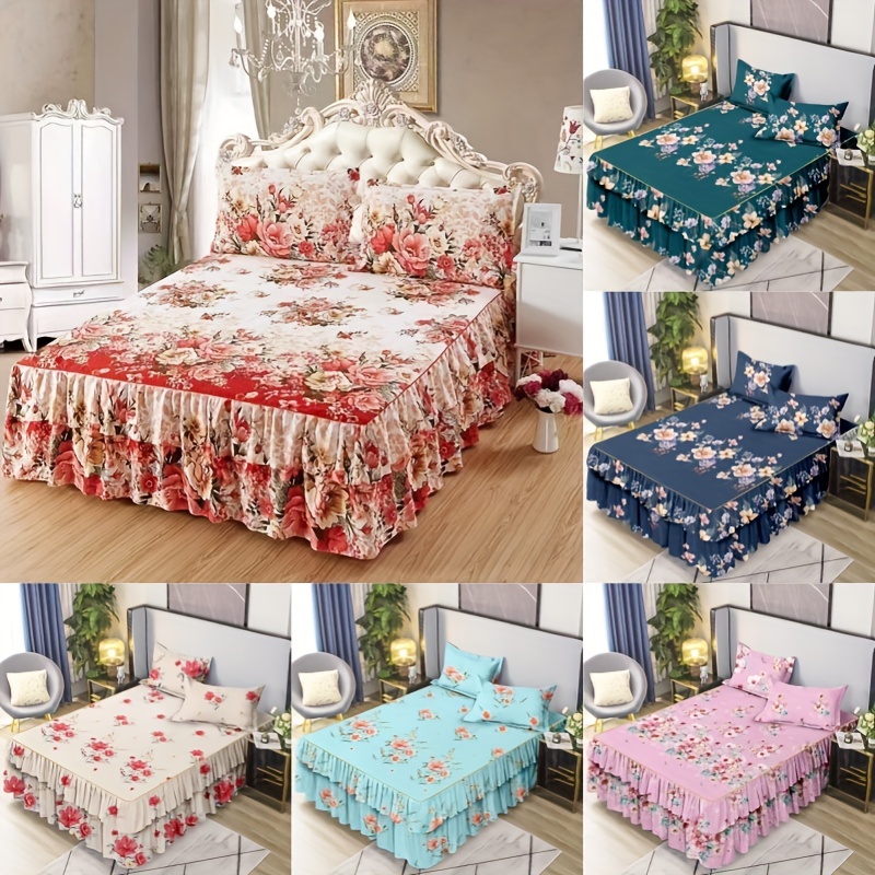 

3pcs Macrame Bed Skirt Set, Flower Printed All Seasons Universal Non-slip Bedding Set (bed Skirt *1+ Pillowcase*2, Without Core)