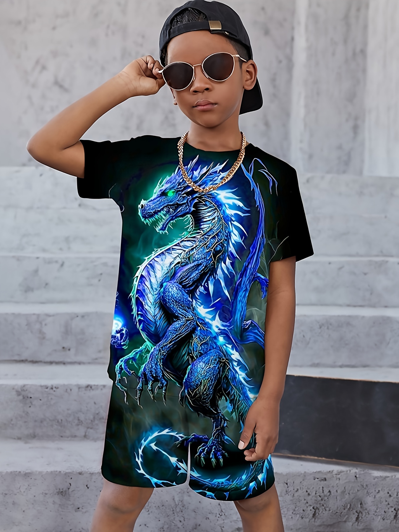 Temu Golden Fish And Cool Old Man Print Boys Creative T-Shirt, Casual Lightweight Comfy Short Sleeve Tee Tops, Kids Clothings For Summer
