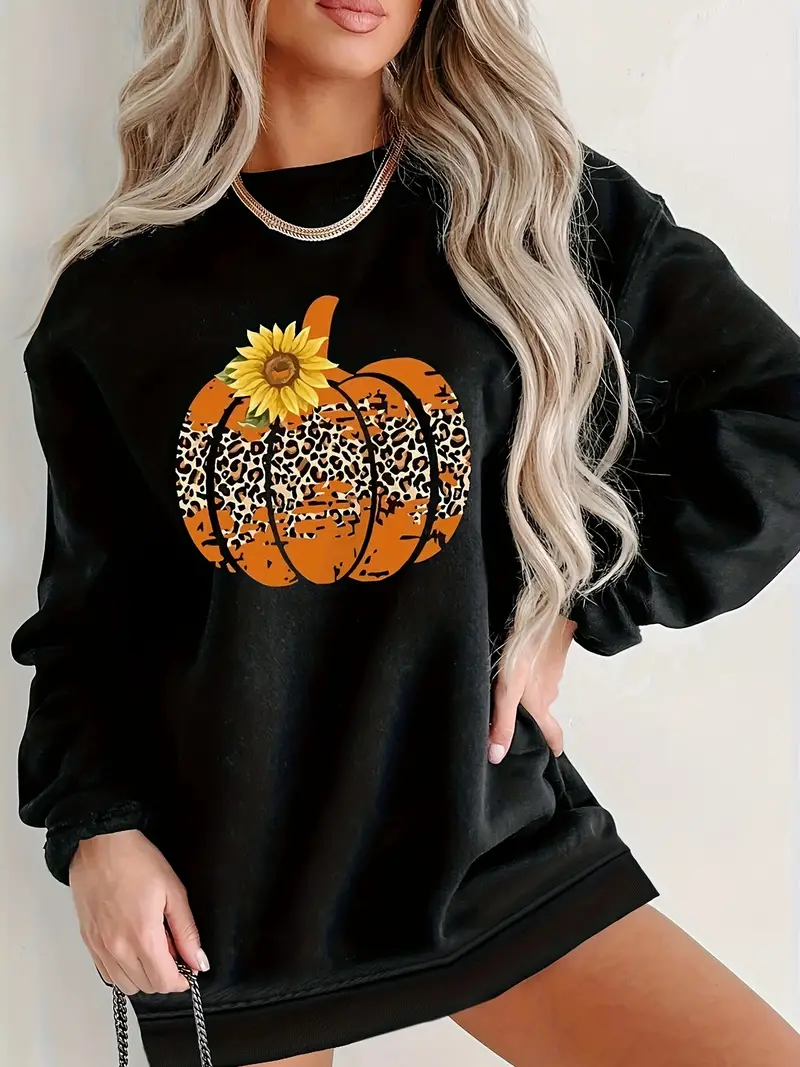 pumpkin sunflower print sweatshirt casual long sleeve crew neck sweatshirt womens clothing details 4