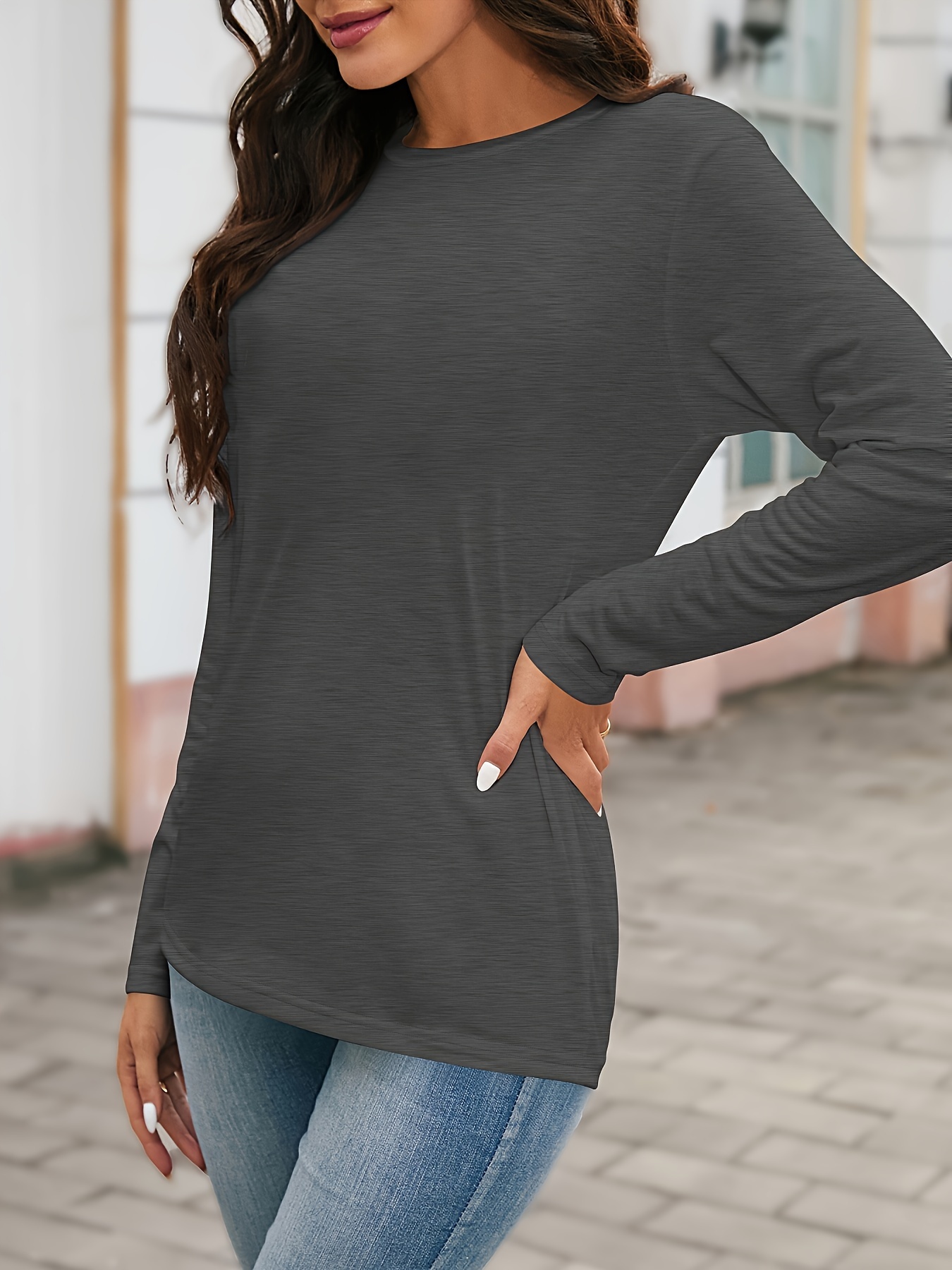 plus size simple solid t shirt casual crew neck long sleeve t shirt womens plus size clothing dark grey 2