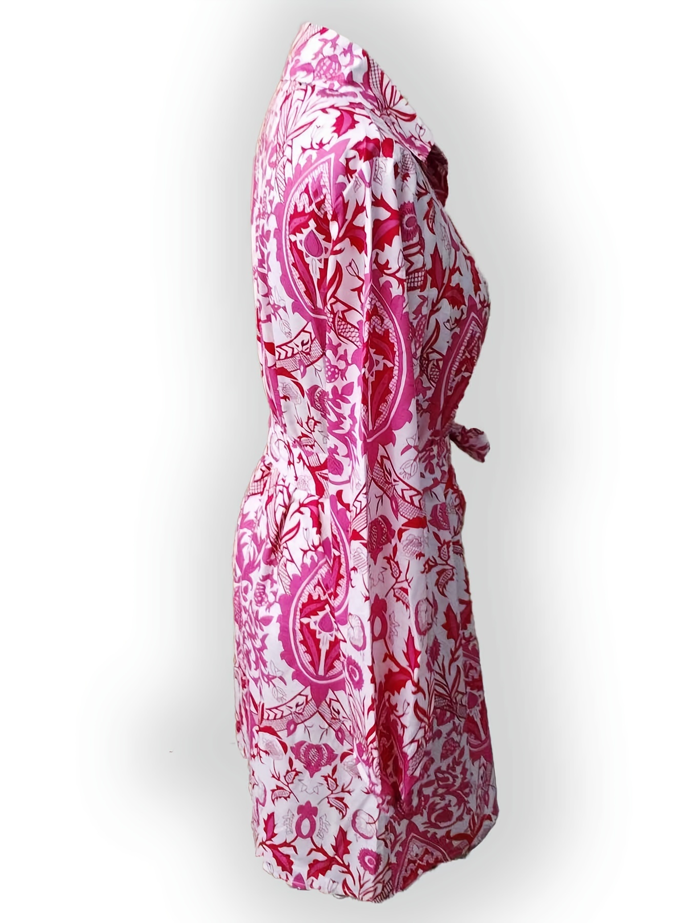 Etnik Çiçek Desenli Elbise, Rahat Düğmeli Uzun Kollu Elbise, Kadın Giyim