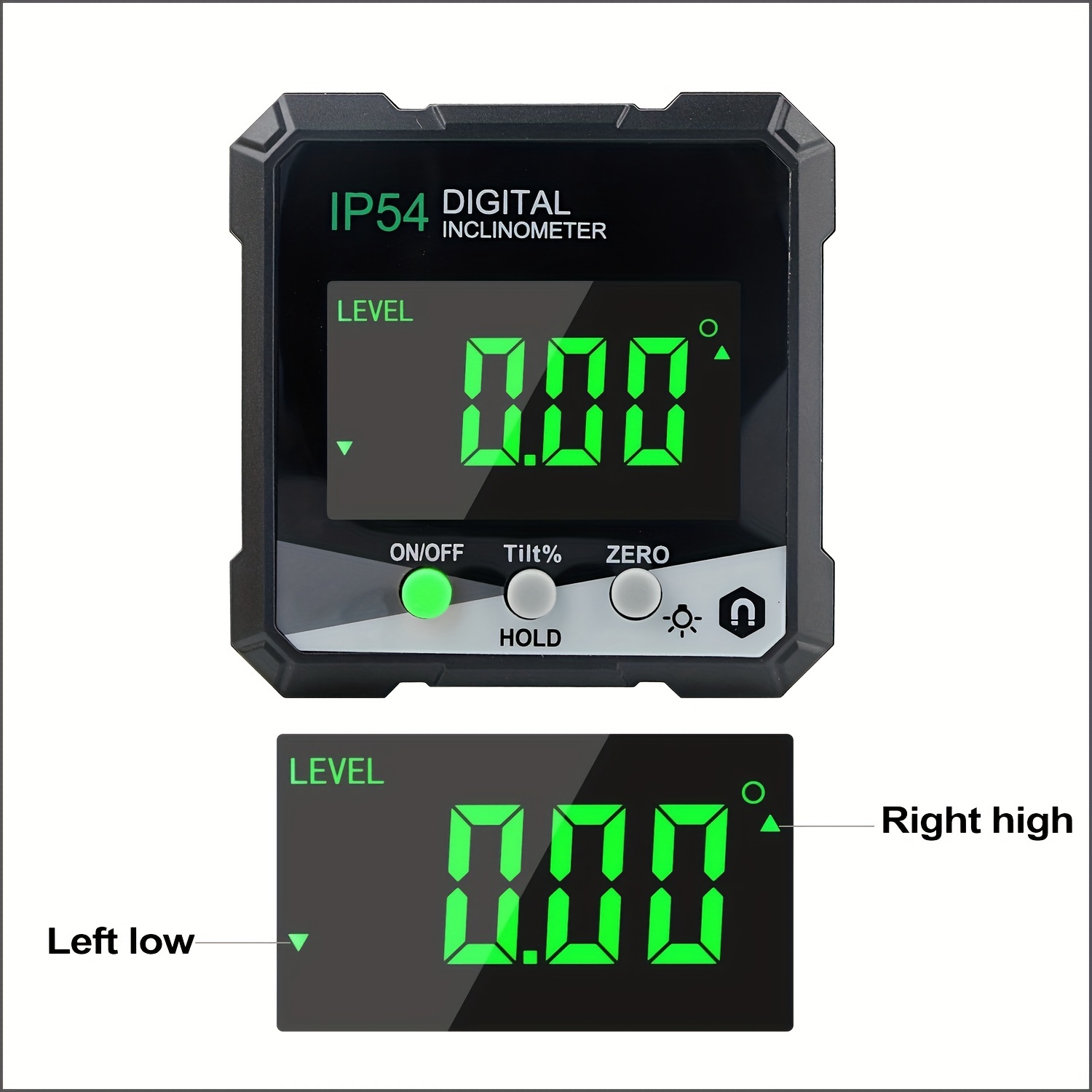 Medidor de ángulo digital IP54 Inclinómetro digital con base magnética y  pantalla LCD, precisión rápida 4 x 90 ° (negro)