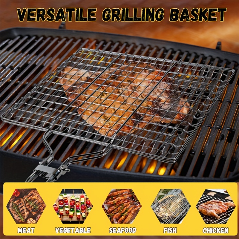Grill Basket, Fish Grill Basket, Rustproof Stainless Steel BBQ Grilling Basket for Meat,Steak, Shrimp, Vegetables, Chops, Heavy Duty Grill Basket
