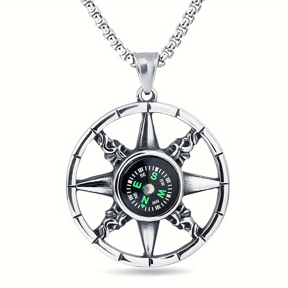 Stainless Steel Compass Pendant Necklace