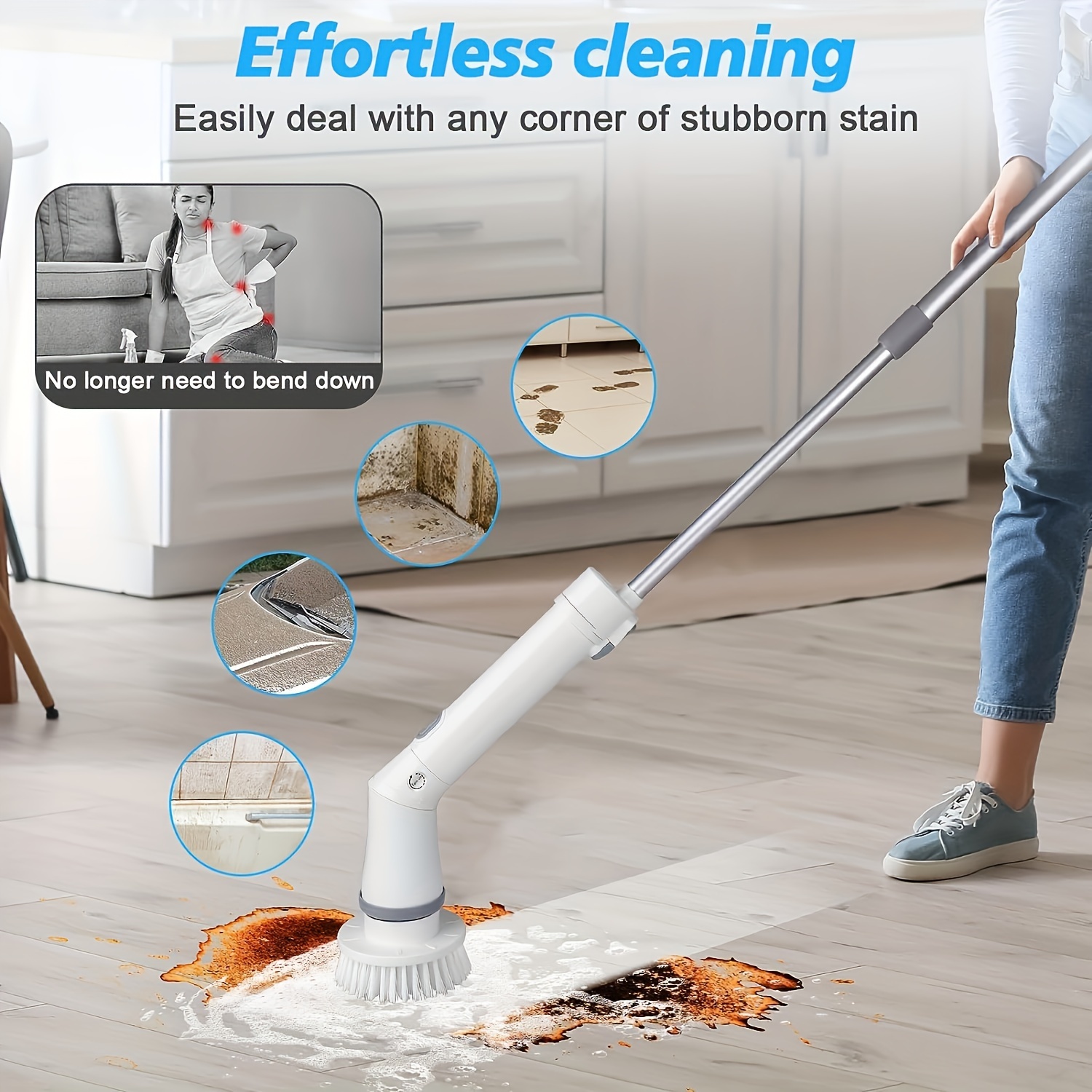 Electric Spin Scrubber With 6 Replaceable Brush Heads, 2 Adjustable Speeds,  250/400rpm Cordless Floor Scrubber With Extension Handle, 90mins Runtime,  Ipx5 Waterproof, Usb Charging, Suitable For Bathroom, Kitchen, Floor, Tile,  Bathtub, Window 