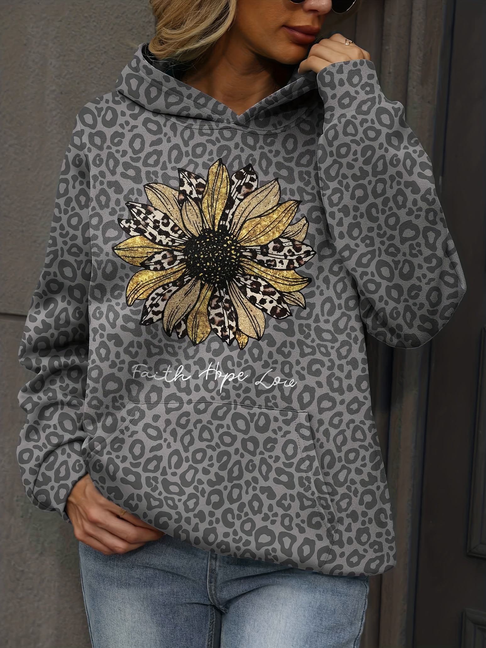 Leopard & Floral Print Kangaroo Pocket Hoodie, Casual Long Sleeve