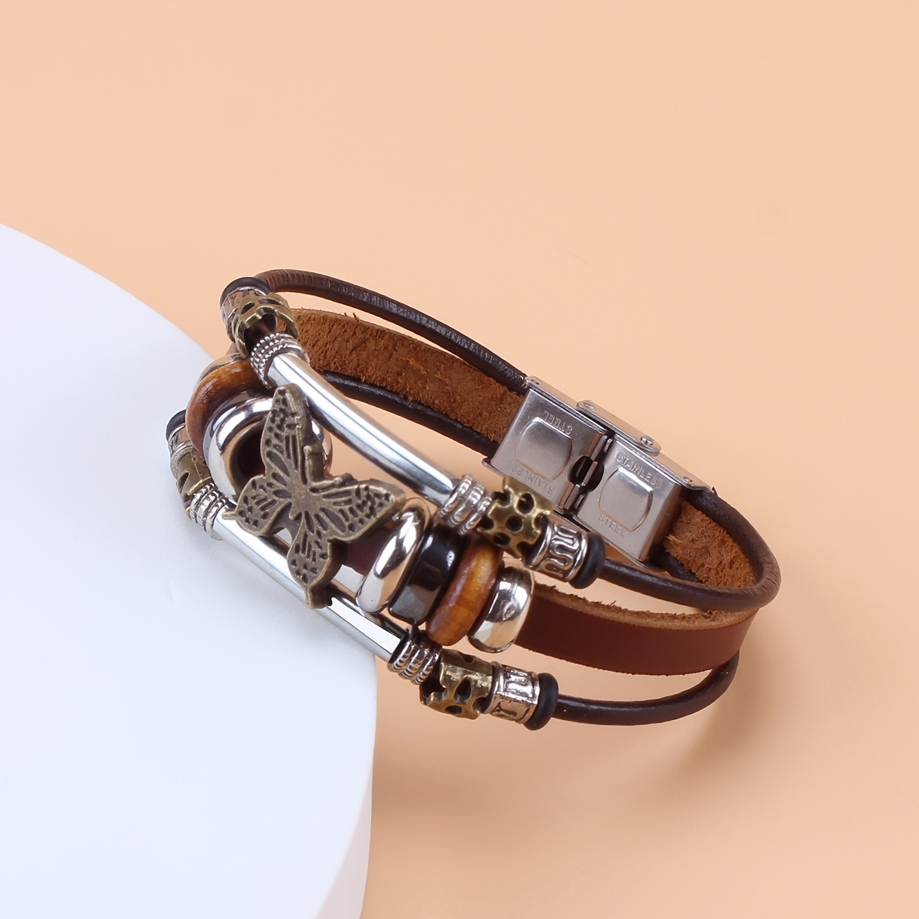 butterfly pu leather bracelet with stainless steel buckle vintage style bracelet 1