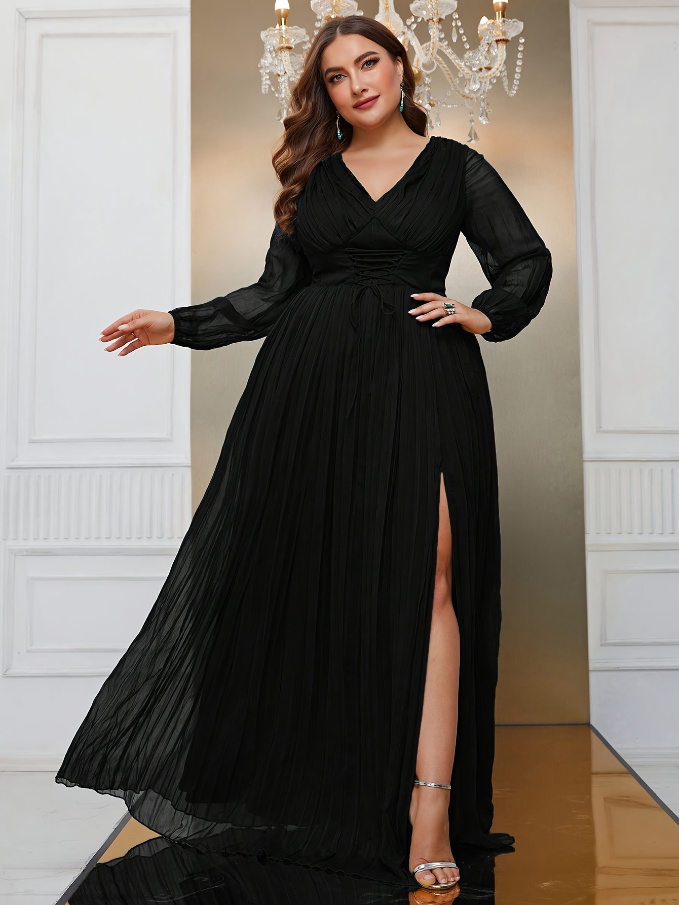 Plus Size Solid Mother Bride Dress Elegant Plunging Lantern - Temu