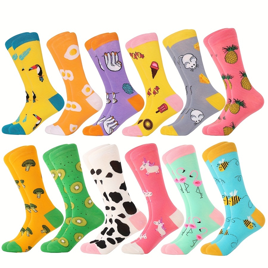 

12 Pairs Of Men's Trendy Cartoon Pattern Crew Socks, Pure Cotton Breathable Comfy Casual Unisex Socks For Men's Outdoor Wearing, All Wearing