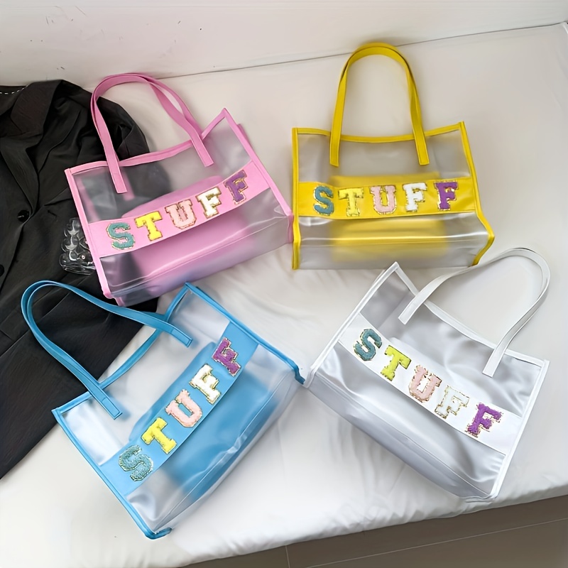 Transparent Pvc Beach Bag, Chenille Letter Decor Summer Jelly Tote Bag,  Large Capacity Waterproof Shoulder Bag With Inner Bag - Temu
