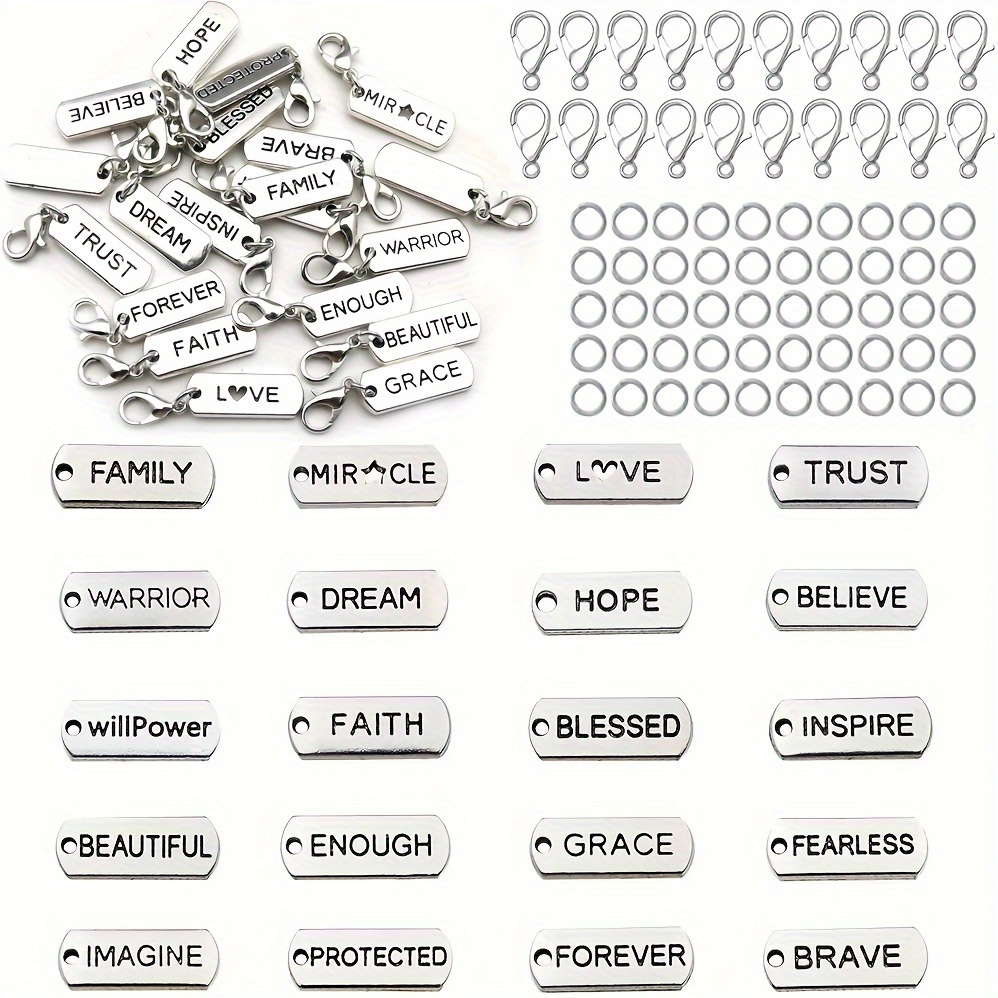 

100pcs Keychain Making Set, Craft Supplies Handmade Assorted Antique Silver Inspired Text Pendant, Lobster Clasp, Open Ring, For Jewelry Making Accessories