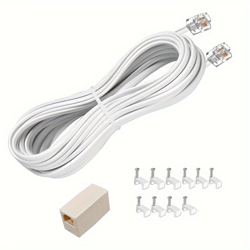 Phone Extension Cord Telephone Cable With Standard Rj11 Plug 1 In Line Couplers And 10 Cable Clip Works For Phone Modem Or Fax Machine For Use In Home Or Office White And Black Office & School Supplies Temu