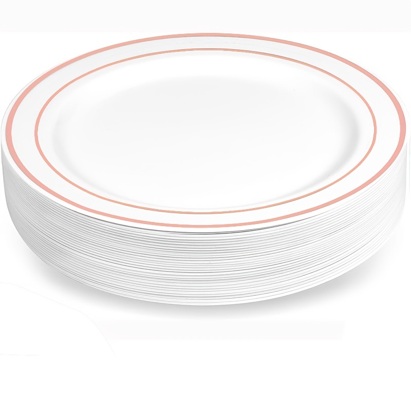 Reli. Platos de plástico desechables, borde blanco y dorado (50 unidades,  plato de postre de 7.5 pulgadas) | Platos de plástico duro para