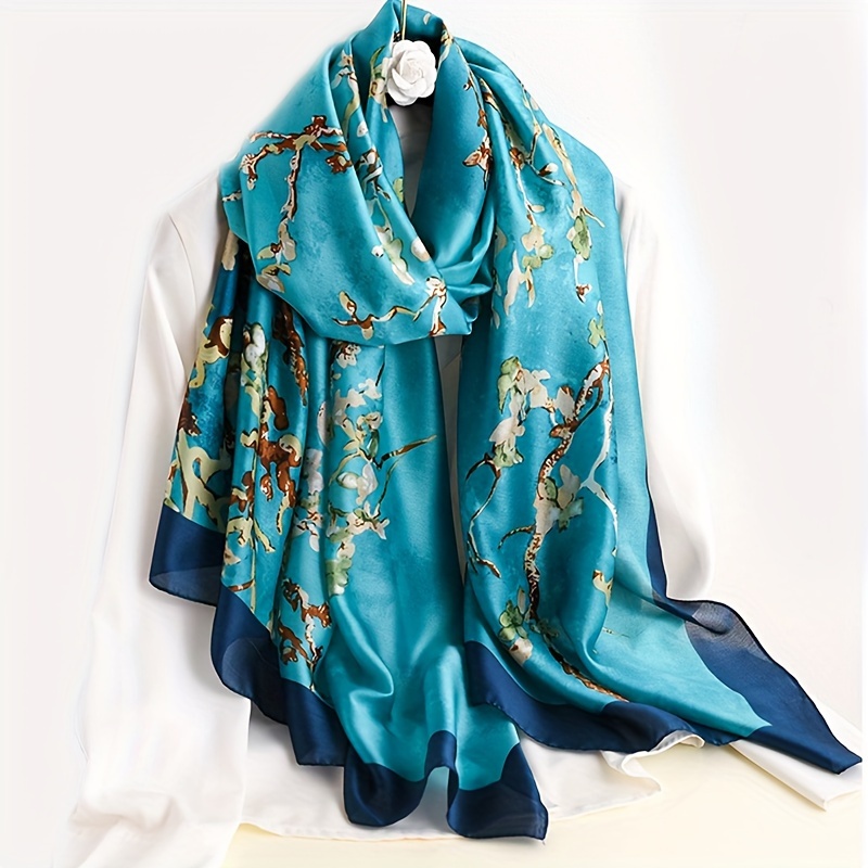 

Vintage Plum Print Large Scarf Elegant Imitation Silk Blue Shawl Casual Windproof Head Wraps Satin Scarves For Women
