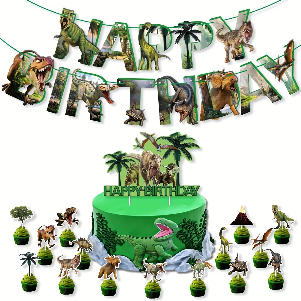 

1set, Dinosaur Theme Birthday Party Banner Decoration Supplies, Happy Birthday Banner, Cake Topper, Birthday Party Decoration, Home Room Decor, Birthday Gift For Boys Girls