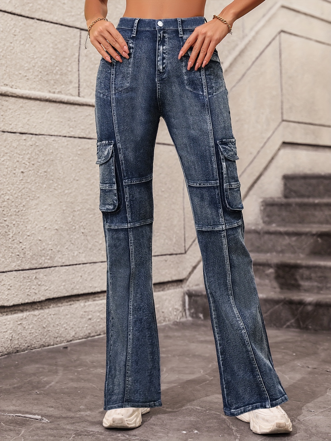 Blue Flap Pockets Cargo Pants, High Waist High-Stretch Y2K Style Pintuck  Jeans, Women's Denim Jeans & Clothing