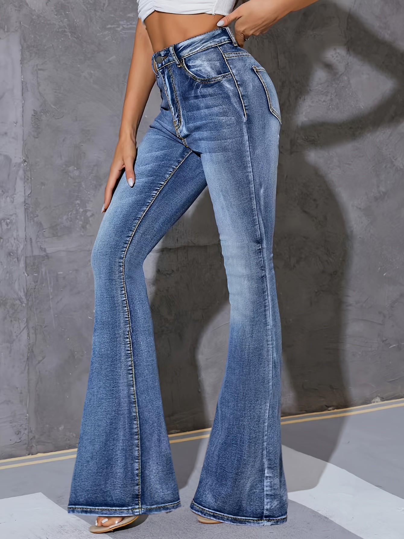 Ripped One Leg High * Brown Jeans, Bell Bottom Shape Distressed Flare  Jeans, Women's Denim & Clothing