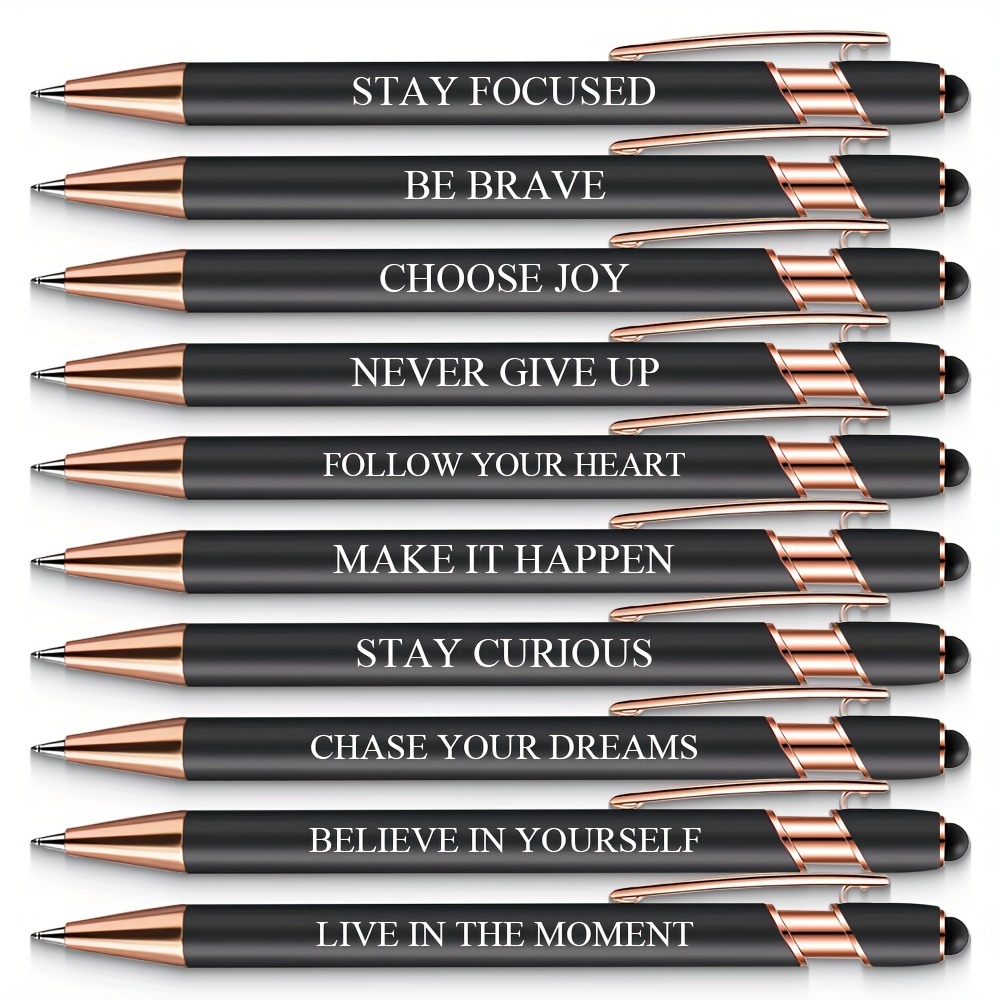 

10pcs Black Motivational Pens With Touchscreen Stylus - Inspiring Quotes Engraved - Perfect For Writing And Digital Devices