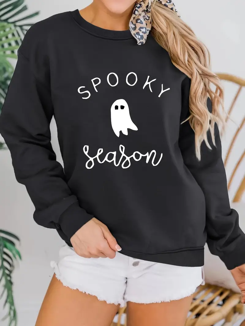 halloween ghost print sweatshirt casual long sleeve crew neck sweatshirt womens clothing details 4