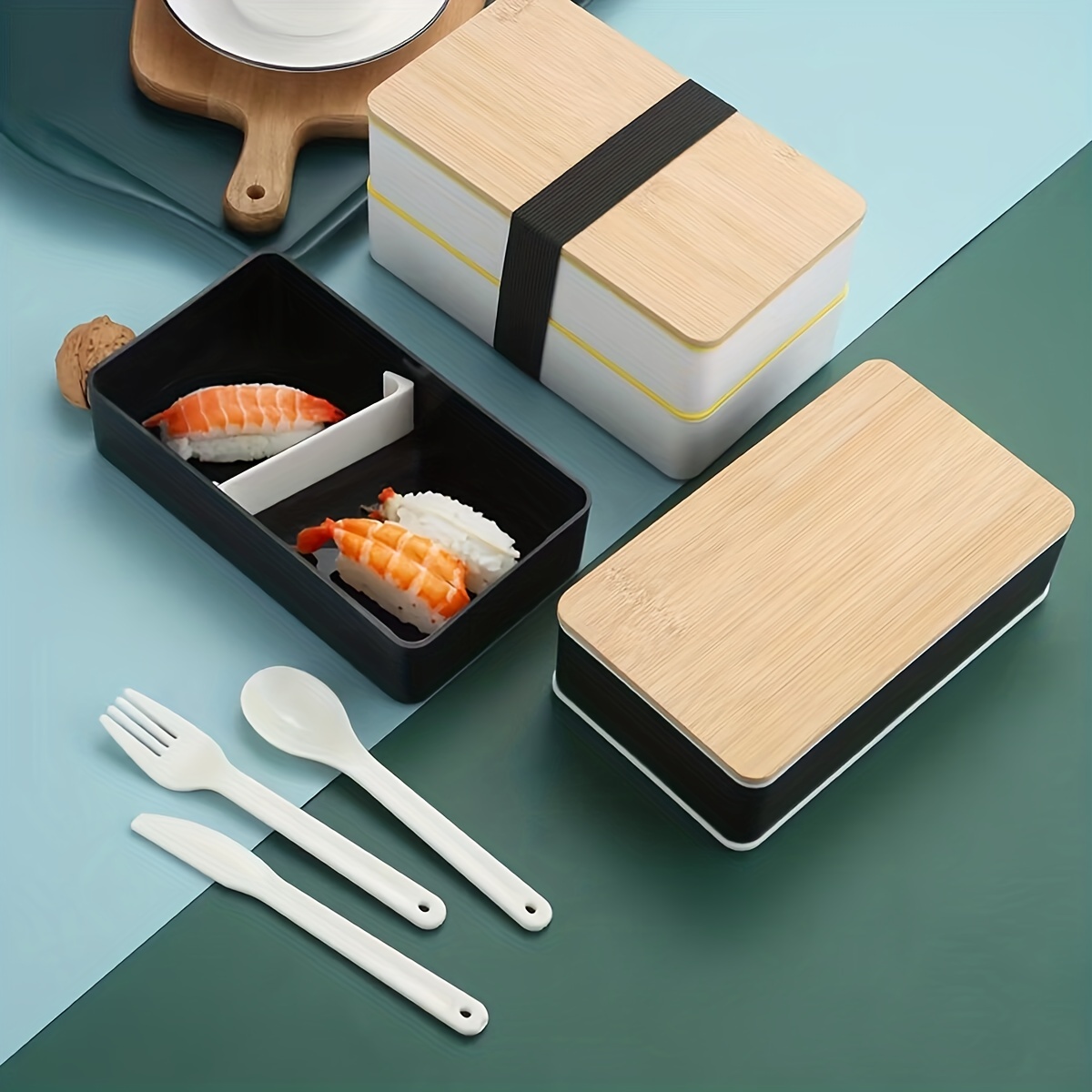 Bamboo Bento Box With Compartments And Utensils Stackable - Temu