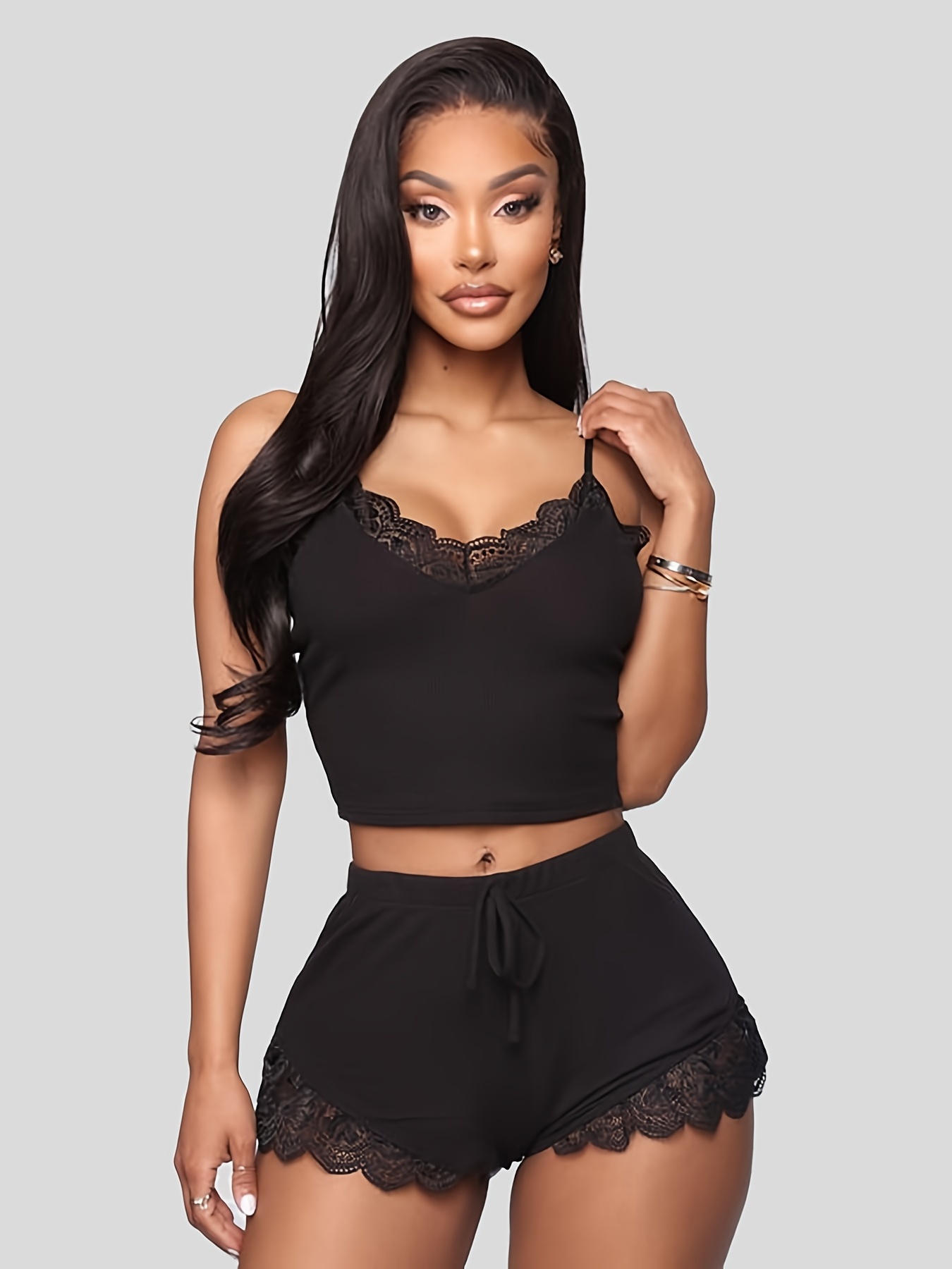 Solid Satin Pajama Set V Neck Cami Top Elastic Waistband - Temu