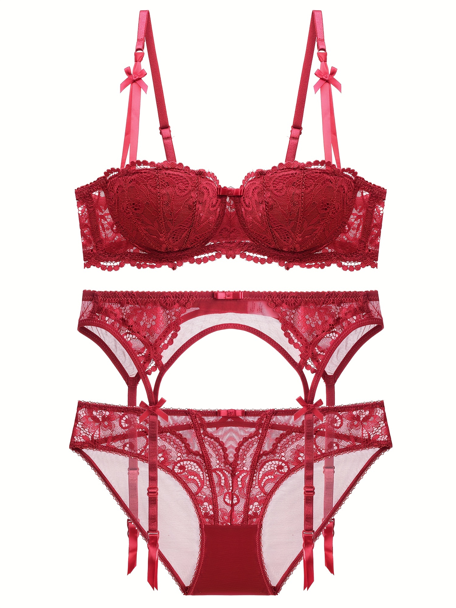 Attractive Maroon Floral Lace Bra Panty Set