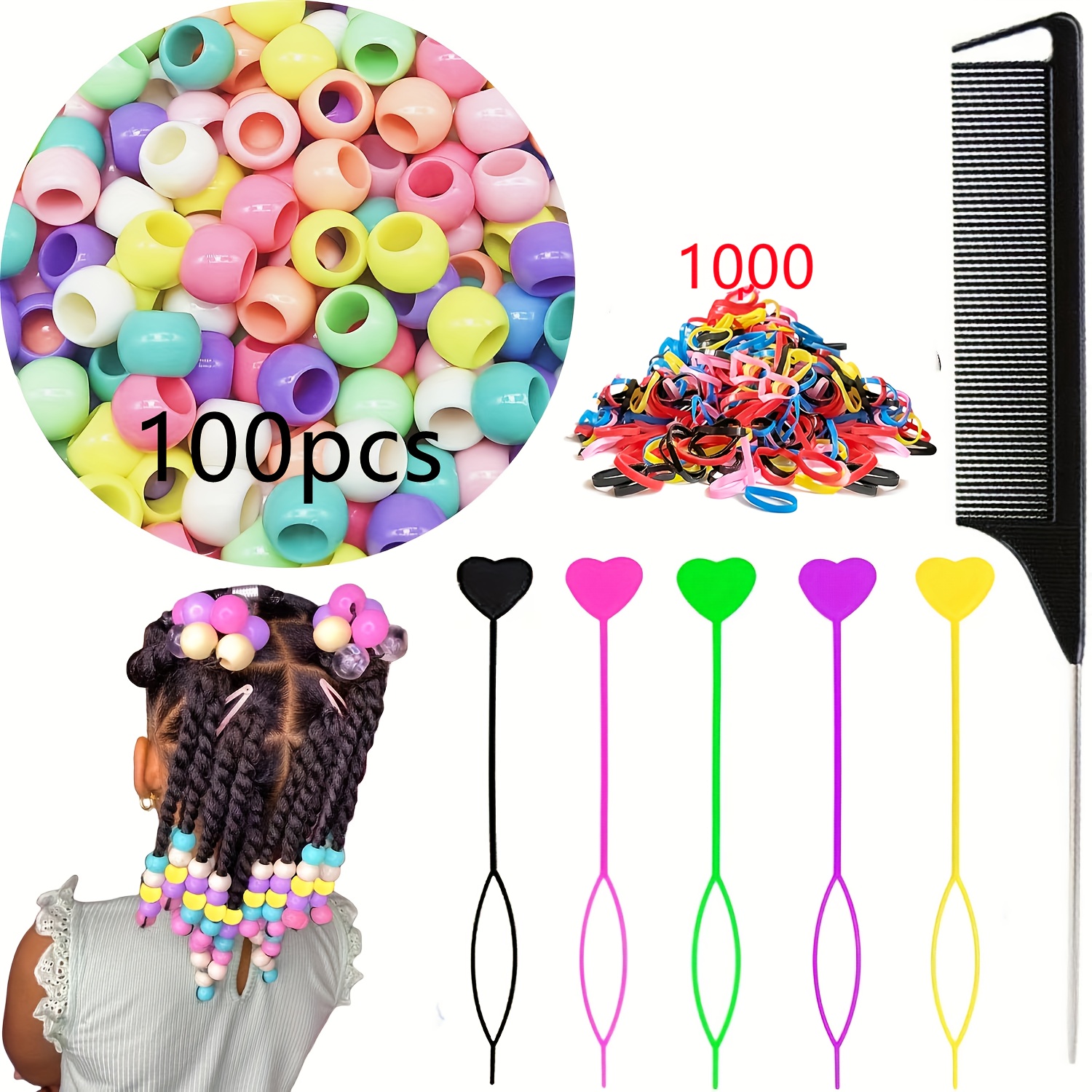  406Pcs Hair Beads Set for Girls Hair Braids Including 200Pcs  10x12mm Rainbow Hair Beads 200Pcs Elastic Rubber Bands 1Pcs Rat Tail Comb  5Pcs Quick Beader Hair Beads for Girls and