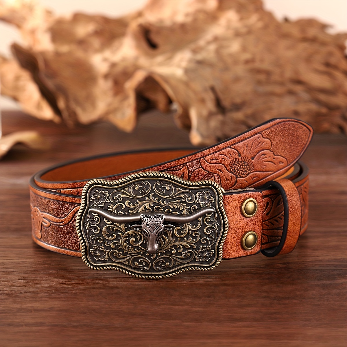 Black Embossed Leather Belt Buckle With Accents, Country Western